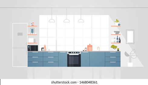 Modern Kitchen With Furniture Empty No People House Room Interior Flat Horizontal