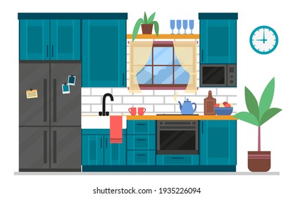 Modern kitchen with furniture isolated on white background. The interior of a cozy room with a large refrigerator, stove, sink, tap, kettle, mugs, window. Vector illustration in a flat style.