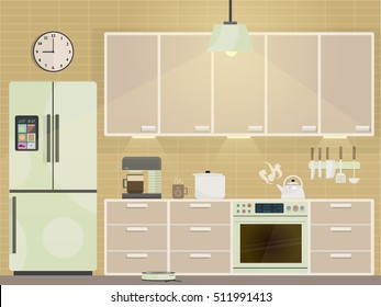 Modern kitchen with furniture, kitchenware and IoT (Internet of Things) tech.