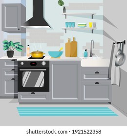 Modern kitchen in gray color. Cozy interior of the kitchen split, wardrobe, dishes. Vector illustration in a flat style.