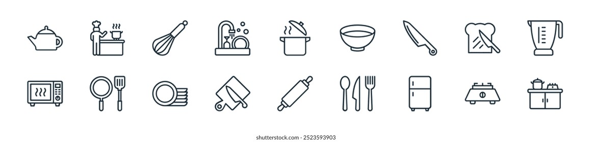 modern kitchen icon pack. perfect for linear ui designs featuring vector kitchen furniture, stove, fridge, cutlery, rolling pin, kitchen board, plate and more icons for mobile and web apps.