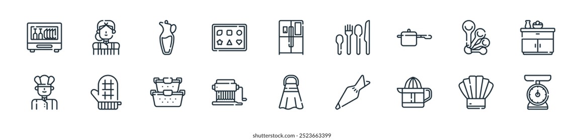 modern kitchen icon pack. perfect for linear ui designs featuring vector kitchen scale, chef hat, citrus juicer, pastry bag, napkin, pasta hine, food container and more icons for mobile and web
