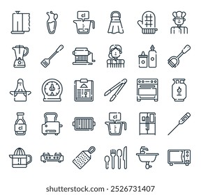 modern kitchen icon pack. perfect for linear ui designs featuring vector microwave, sink, cutlery, grater, stove and more icons.