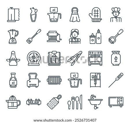 modern kitchen icon pack. perfect for linear ui designs featuring vector microwave, sink, cutlery, grater, stove and more icons.