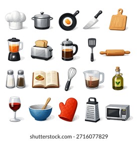 Un moderno conjunto de iconos de cocina con herramientas y electrodomésticos esenciales en un estilo limpio y detallado. Perfecto para diseños culinarios, App, recetas, infografías y proyectos gráficos con temática de cocina.
