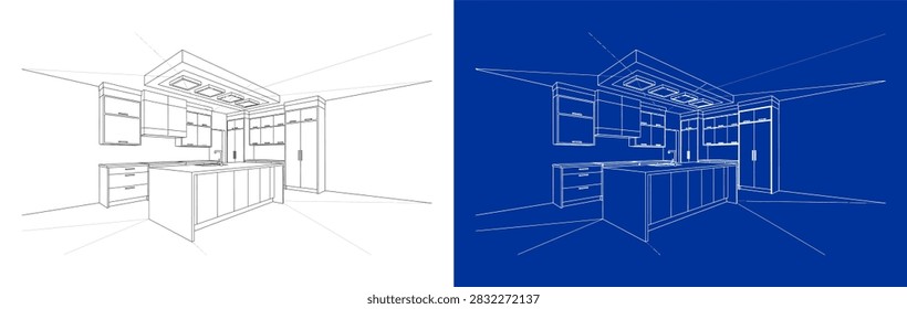 Modern kitchen interior architectural blueprint vector illustration featuring 3D perspective wireframe sketch with island counter, cabinets, and ceiling lighting on white and blueprint background.