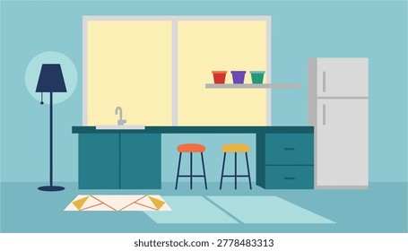 Modern kitchen interior with bar stools and colorful cups on shelf near window