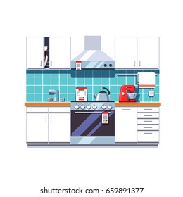 Modern kitchen interior with cabinets shelves, oven, cooker hood, mixer, kettle and sink tap. Home appliances or furniture store. Retail business concept. Flat style vector isolated illustration.