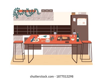 Modern Kitchen Interior With Contemporary Table And Food Ingredients On It. Hygge Design Of Dining Room. Dinner Preparation At Cozy Cooking Area. Vector Illustration In Flat Cartoon Style