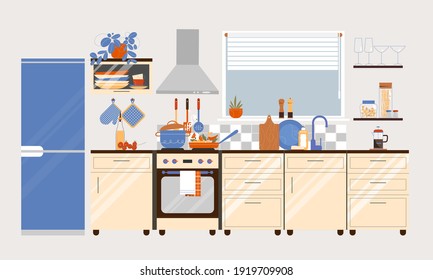 Modern kitchen interior with counter, fridge, sink, oven, stove, utensils. Vector illustration in flat style