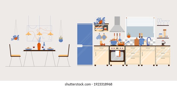 Modern kitchen interior with counter, fridge, sink, oven, stove, utensils, dishes, table. Vector illustration in flat style