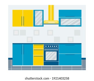 Moderne Kücheneinrichtung mit Schränken, Beistelltischen, Ofen, Backofen, Dunstabzugshaube. Vektorgrafik im Flachstil. Design für Website, Flyer, Magazin, Poster