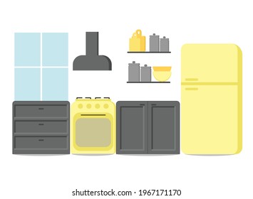 Modern kitchen interior decor. Flat cartoon vector illustration. Minimalistic kitchen interior.