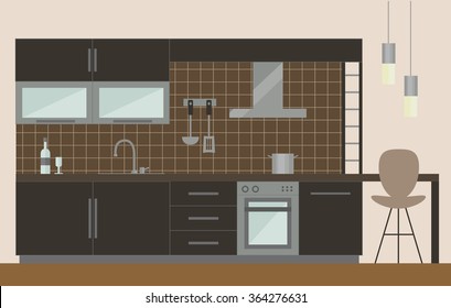 Modern kitchen interior decor. Flat design cabinets, sink, utensils,stool,lamps.