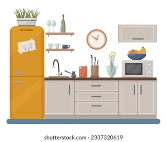Modern kitchen interior. Decor for the kitchen. Kitchen furniture. Refrigerator, microwave, kettle, mug. Vector in flat style.
