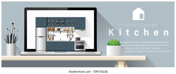 Modern kitchen interior design background , vector , illustration