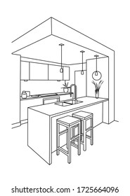 Modernes Küchendesign in schwarzer Linie mit weißem Hintergrund Interieur Skizze der modernen Küche mit Insel.