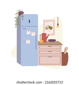 Moderno diseño interior de cocina, mobiliario contemporáneo y accesorios. Frigorífico y plantas domésticas, obras de arte en la pared y mostrador con hervidor y tazón para frutas. Vector en ilustración de estilo plano