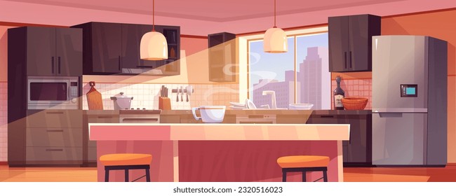 Modern kitchen interior design with furniture and tableware. Vector cartoon illustration of morning coffee cup on table, brown drawers on walls, fridge, microwave oven, sun shining through window