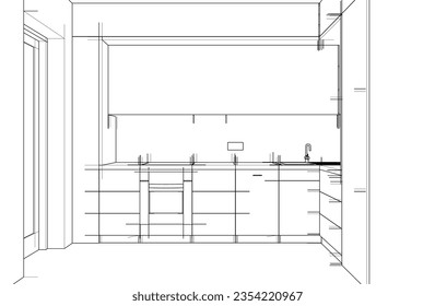 Modern kitchen interior design with furniture 3d drawing