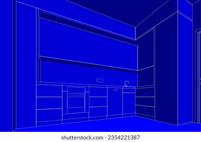 Modern kitchen interior design with furniture 3d drawing
