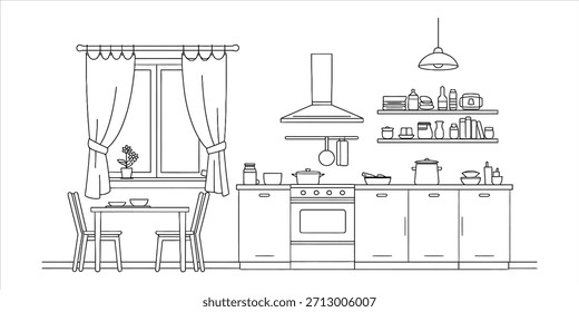 Modernes Küchendesign im Line Art Style mit Essbereich und Haushaltsgeräten Vektor, Illustration
