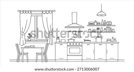 A modern kitchen interior design in line art style with dining area and appliances Vector, illustration