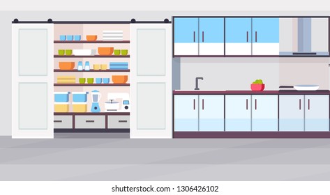 modern kitchen interior design open cupboard empty no people horizontal flat