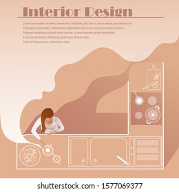 Modern kitchen interior design top view. Vector mockup for a layout landing page or design advertising banner.