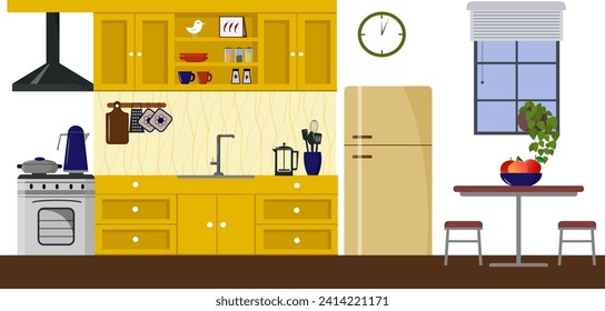 Modern kitchen interior design with window. Kitchen utensils, table and stools, refrigerator and wall cabinets, stove, accessories. Utensils for cooking. Vector flat illustration. 