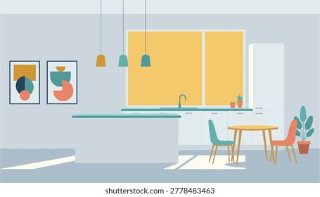 Modern kitchen interior with dining area and colorful abstract wall art