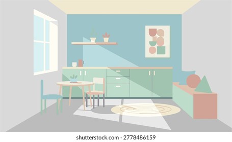 Modern kitchen interior with dining area and abstract wall art