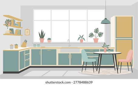 Modern kitchen interior with dining area and large windows showing greenery outside