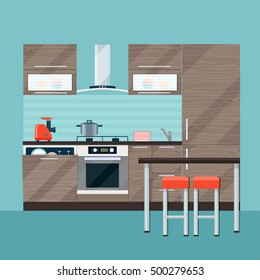 Modern kitchen interior and dining room. Vector flat illustration