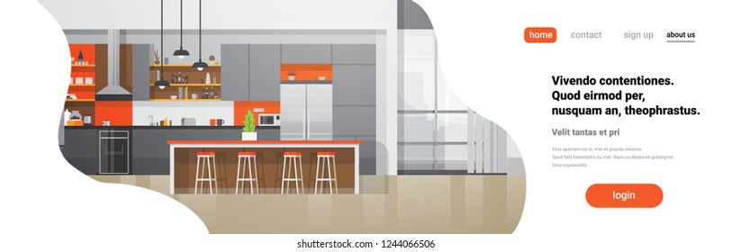 modern kitchen interior empty no people house room flat horizontal banner copy space vector illustration