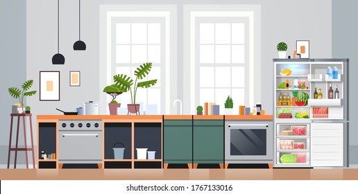 modern kitchen interior empty nobody apartment with open fridge full of fresh food home appliances concept horizontal horizontal vector illustration