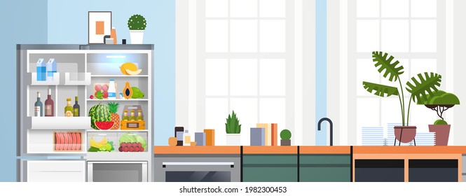 modern kitchen interior empty nobody apartment with open fridge full of fresh food home appliances
