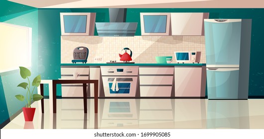 Moderna cocina interior con equipamiento. Horno, microondas, hervidor, tostadora, capó de extractor, mesa, frigorífico y olla con planta. Ilustración vectorial de dibujos animados. 