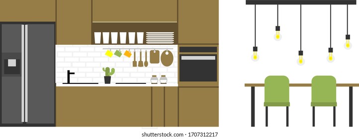 Modern kitchen interior in flat style.  Handleless furniture in hi tech design.  Two-door refrigerator, built-in appliances and Incandescent lamp vintage over table. 