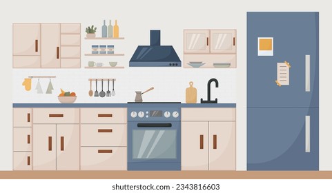 decoración moderna de cocina, estilo plano, muebles, vajilla, electrodomésticos, cocina, nevera, ilustración vectorial