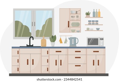 moderne Kücheneinrichtung, Flachstil, Möbel, Geschirr, Geräte, Handtuch, Spülbecken, Fenster, Mikrowelle, Weingläser, Muschel, Wasserkocher, Vektorgrafik