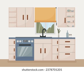 modern kitchen interior, flat style, furniture, dishes, appliances, stove, wine glasses, mug, window, vector illustration