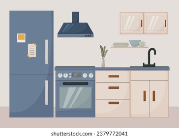 modern kitchen interior, flat style, furniture, dishes, appliances, stove, refrigerator, sink, vector illustration