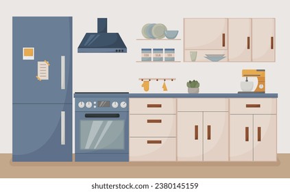 modern kitchen interior, flat style, furniture, dishes, appliances, stove, mixer, refrigerator, vector illustration