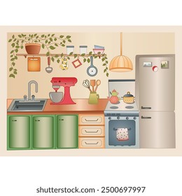 modern kitchen interior, flat style, furniture, dishes, appliances, stove, mixer, refrigerator, vector illustration