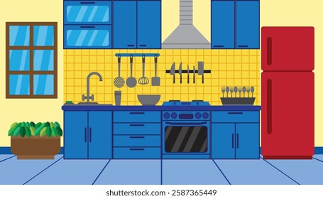 modern kitchen interior with fridge, chimney, stove, utencils, sink, oven, counters and cabinets vector illustration