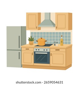 Interior de cozinha moderna com um frigorífico, utensílios de cozinha e decoração, ilustração vetor plana