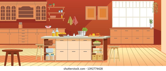 Modern kitchen interior with furniture. Colorful vector illustration in flat cartoon style.