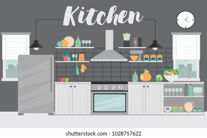 Modern kitchen interior with furniture and cooking devices. Cartoon realistic flat design of kitchen. Vector illustration