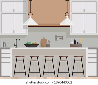 Modern kitchen interior with furniture and cooking devices. Cartoon realistic flat design of kitchen